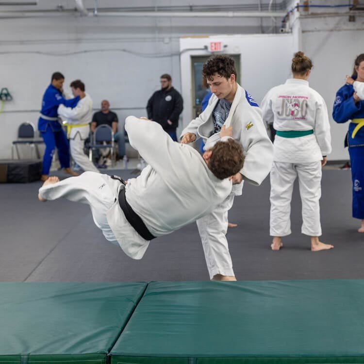 one man tosses another in a judo move on a mat